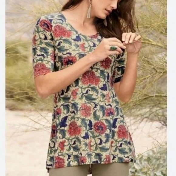 Peruvian Connection Tops - Peruvian Connection Floral Tunic Top Green Red Soft Stretch Womens Size S
